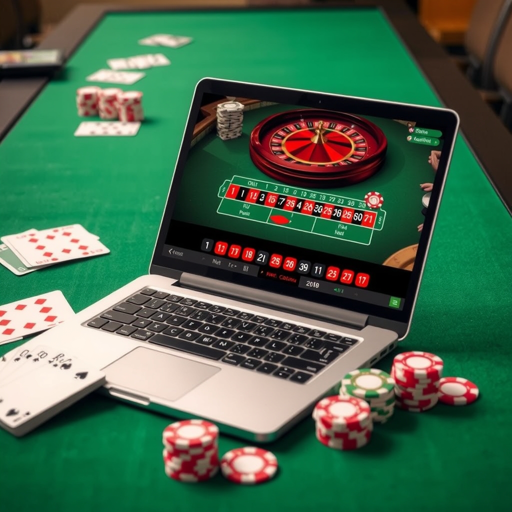A Practical Guide to online casinos Singapore Laptop displaying an online casino roulette game beside playing cards and chips on green felt