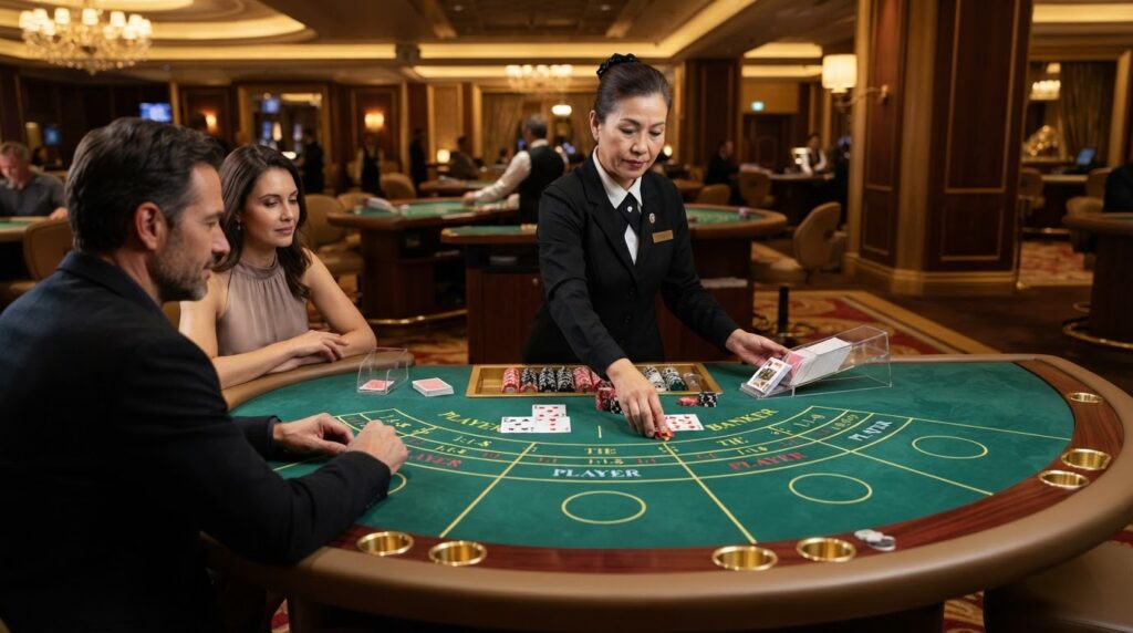 Bàn chơi baccarat trực tuyến uy tín với bài tây và chip cược cao cấp