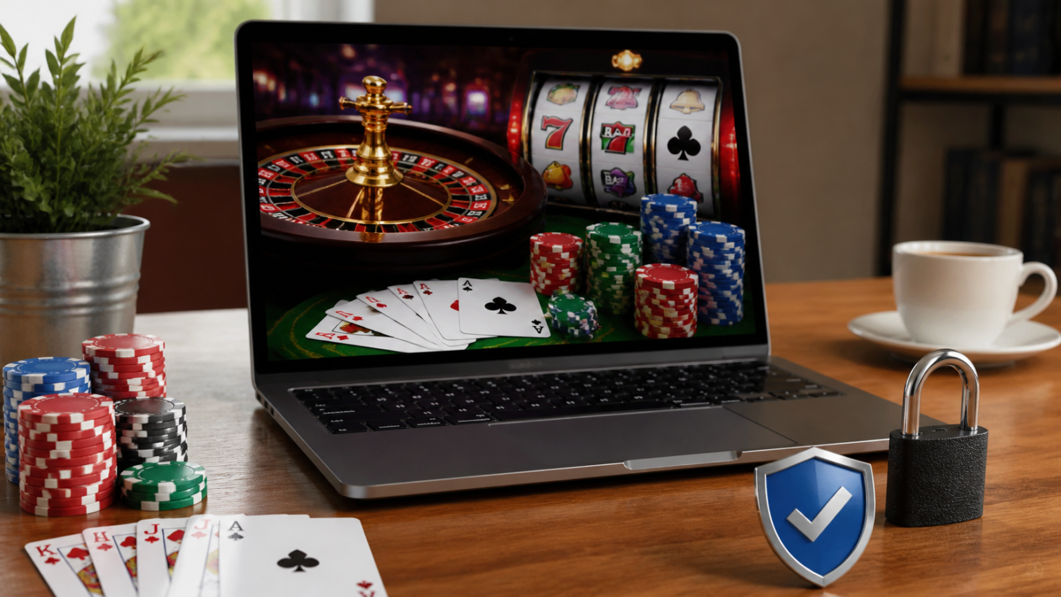 Schermo di un casinò online con slot e roulette, tema casino sicuri non aams