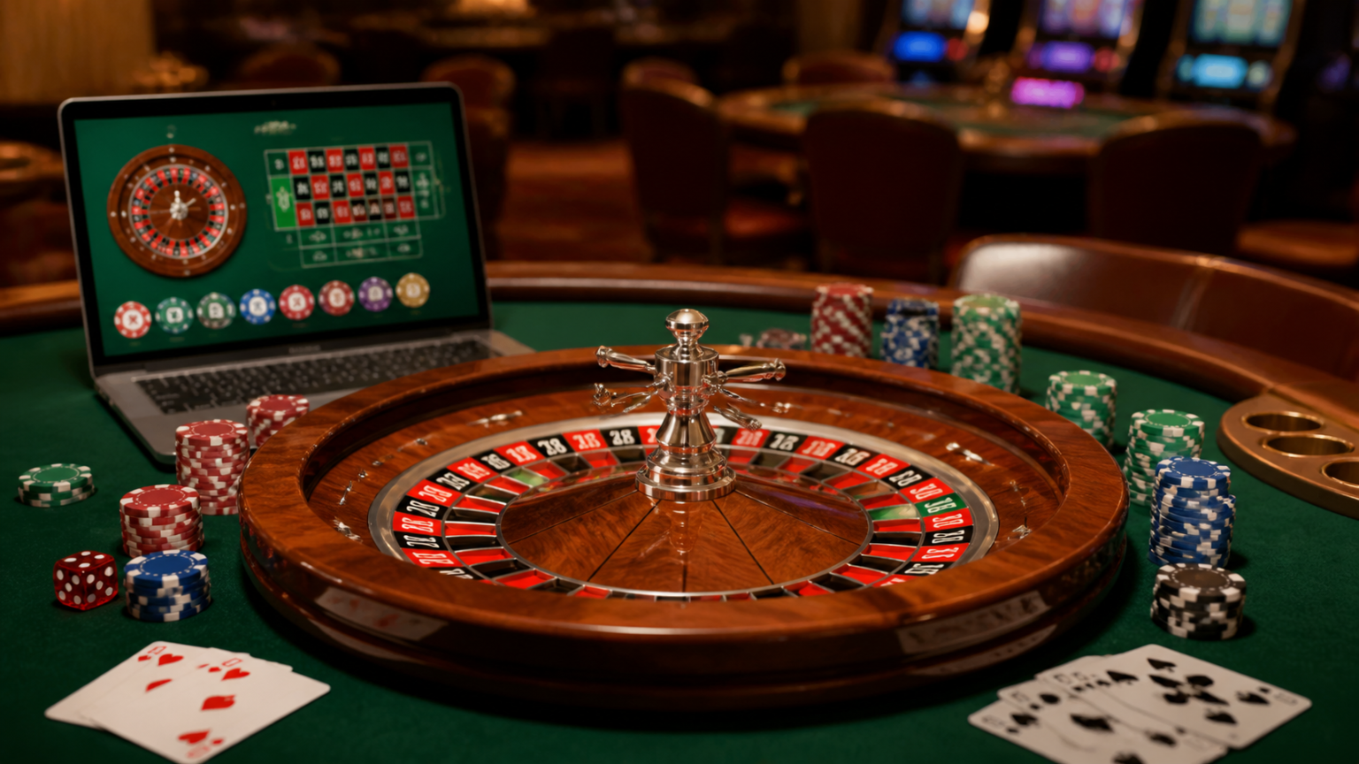 Ruota della roulette e carte da gioco in un casinò online