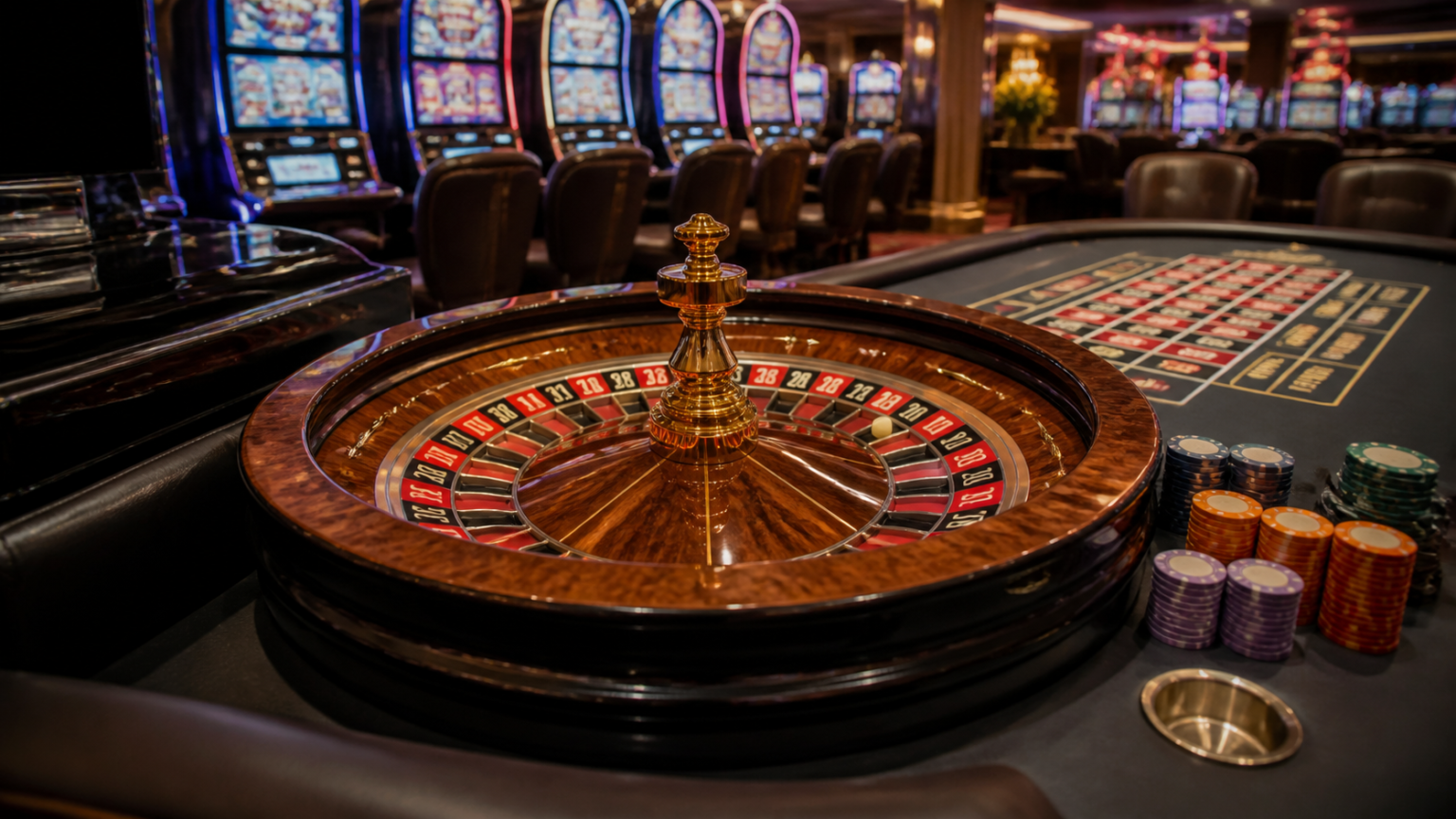 Tavolo da casinò con roulette e fiches