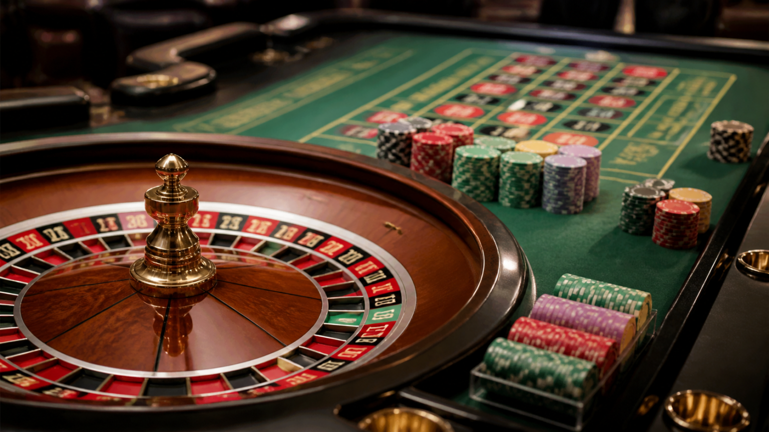 Roulette wheel and chips on a casino gaming table