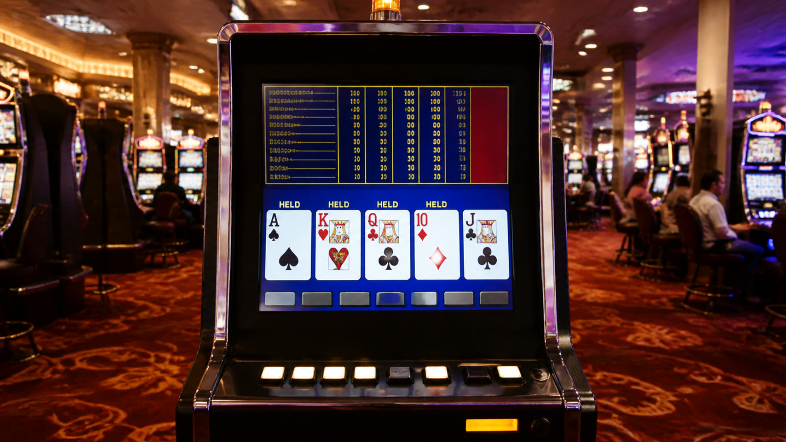 โป๊กเกอร์วิดีโอออนไลน์: คู่มืออ่านเกม วางแผน และเล่นอย่างรอบคอบ ภาพเครื่องโป๊กเกอร์วิดีโอในคาสิโนพร้อมไพ่บนหน้าจอ
