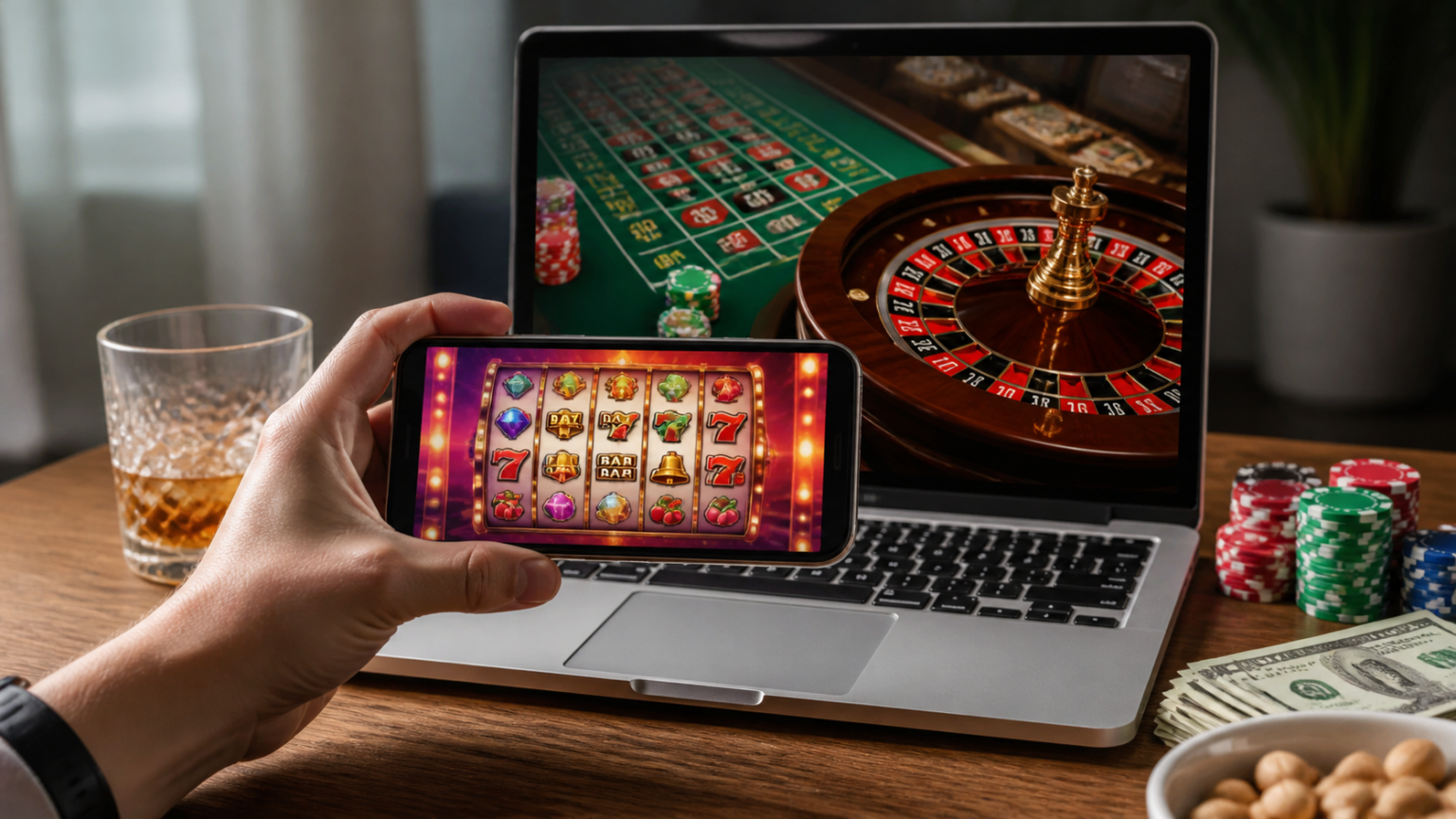Online casino site shown on a phone and laptop with casino games