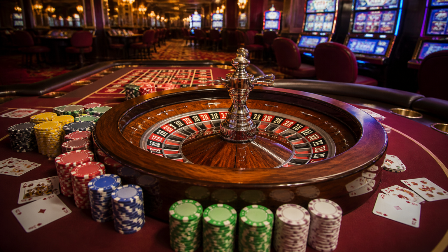 Casino roulette table with slot machines and cards