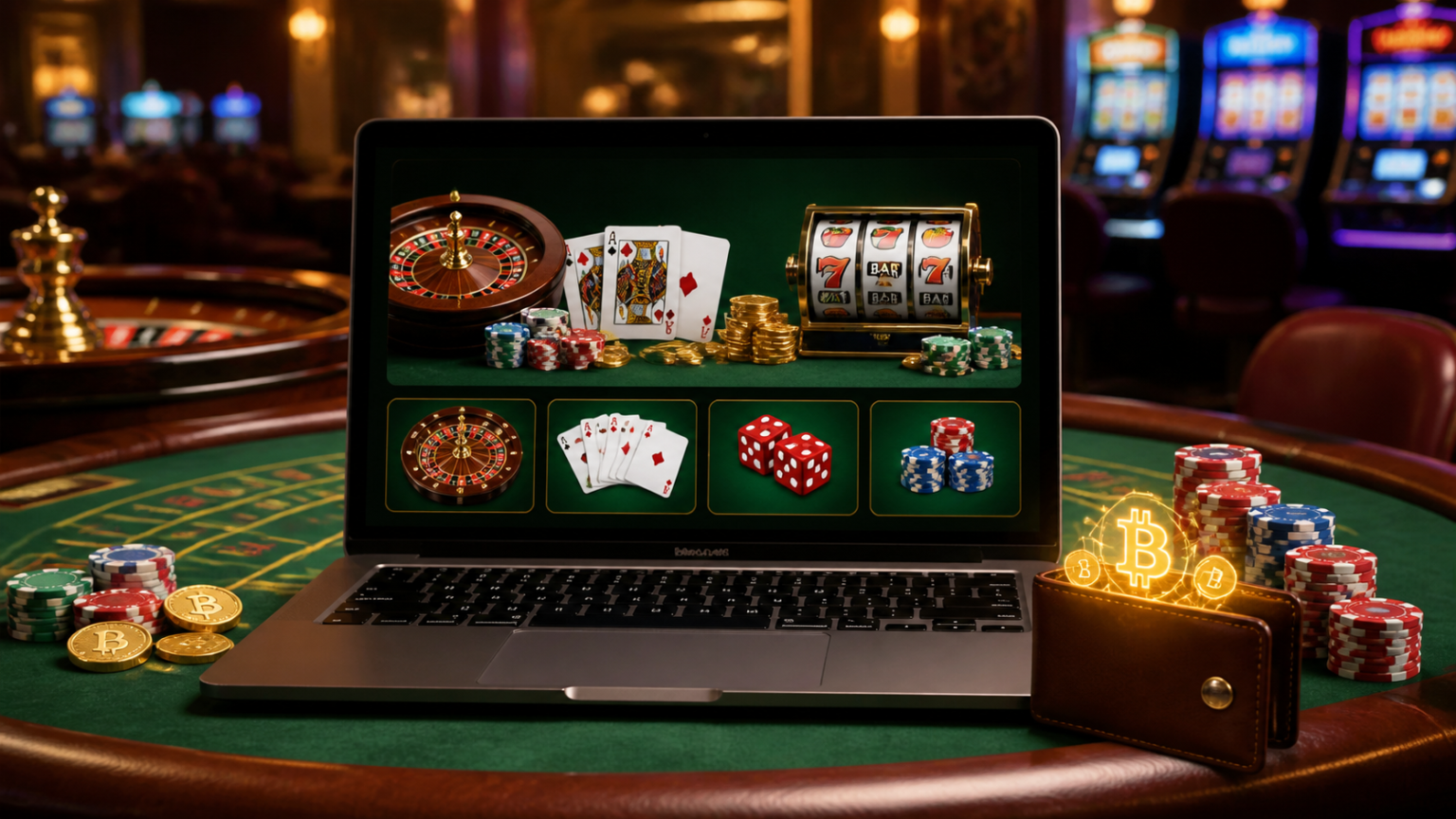 Laptop showing an online crypto casino with poker chips nearby