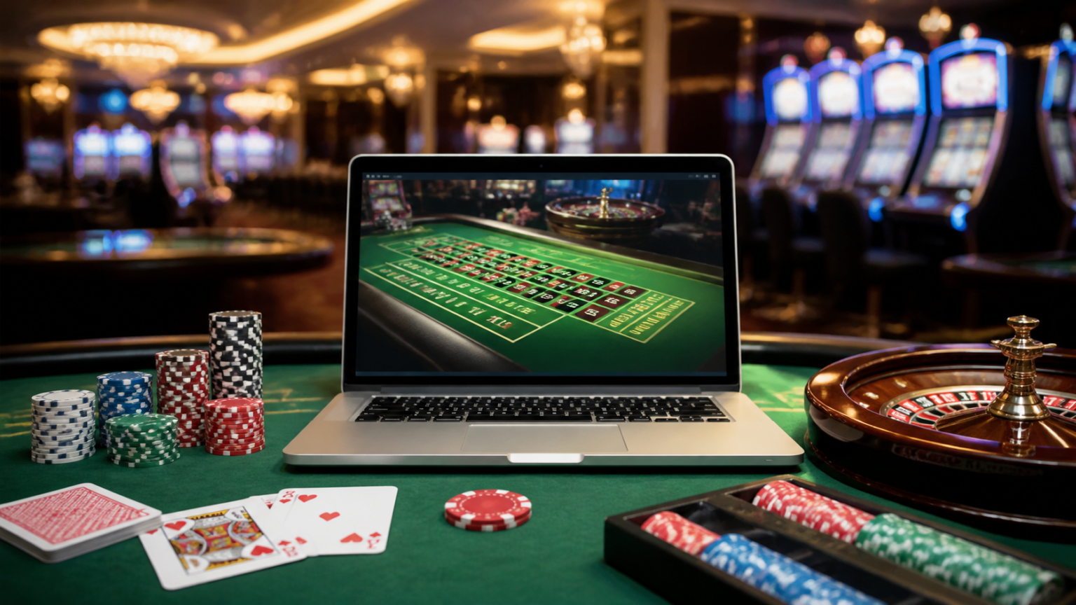 Casino-related betting site on a laptop with chips and cards