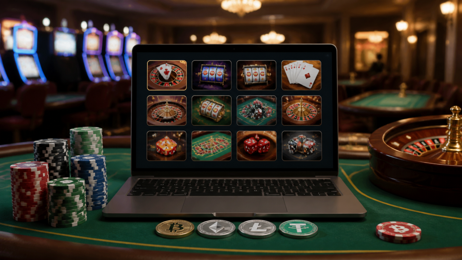 How to Evaluate the best crypto casino for a Better Player Experience Crypto casino gaming setup with laptop, coins, and casino chips