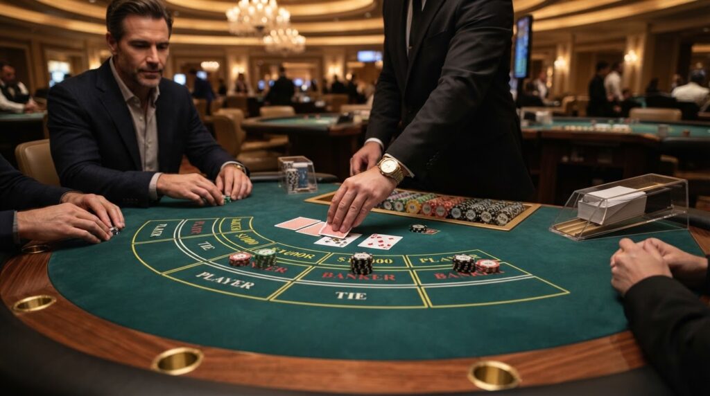 Hướng Dẫn Chơi Baccarat Chi Tiết Cho Người Mới Bắt Đầu Bàn chơi baccarat trong sòng bài sang trọng với các lá bài và chip cược