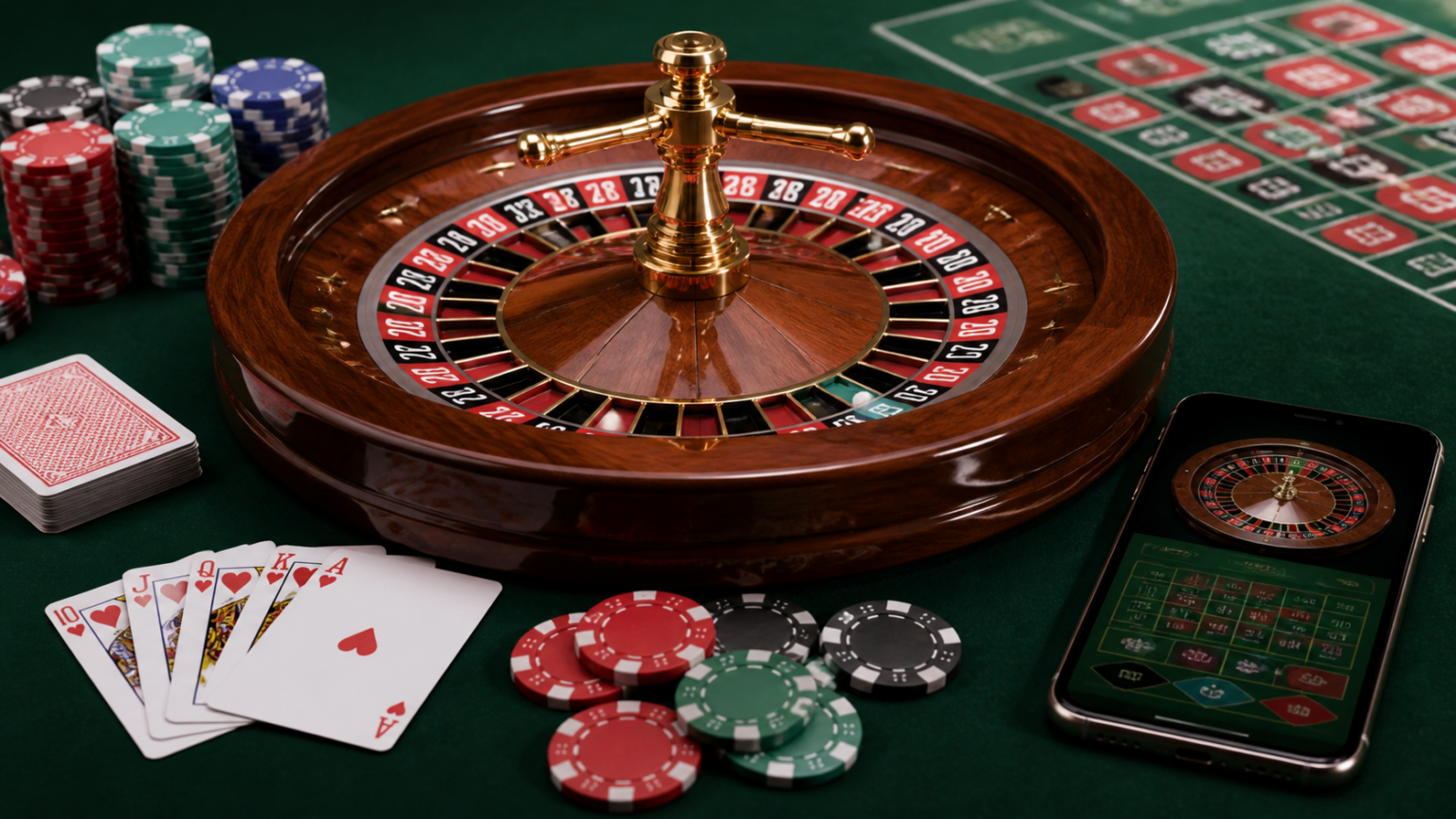 Roulette wheel and smartphone showing an online casino interface