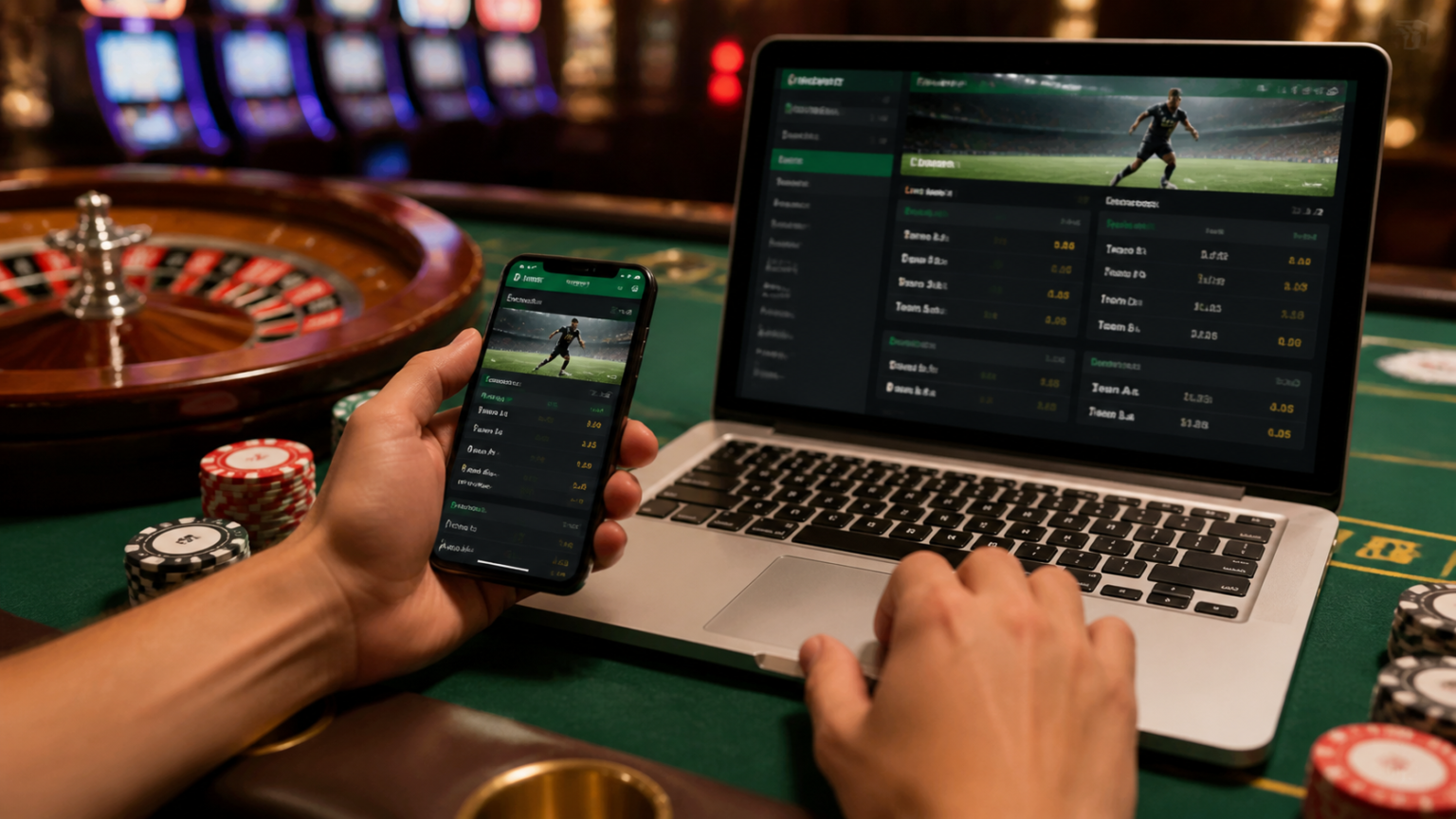 Person viewing sports betting sites Singapore on phone and laptop