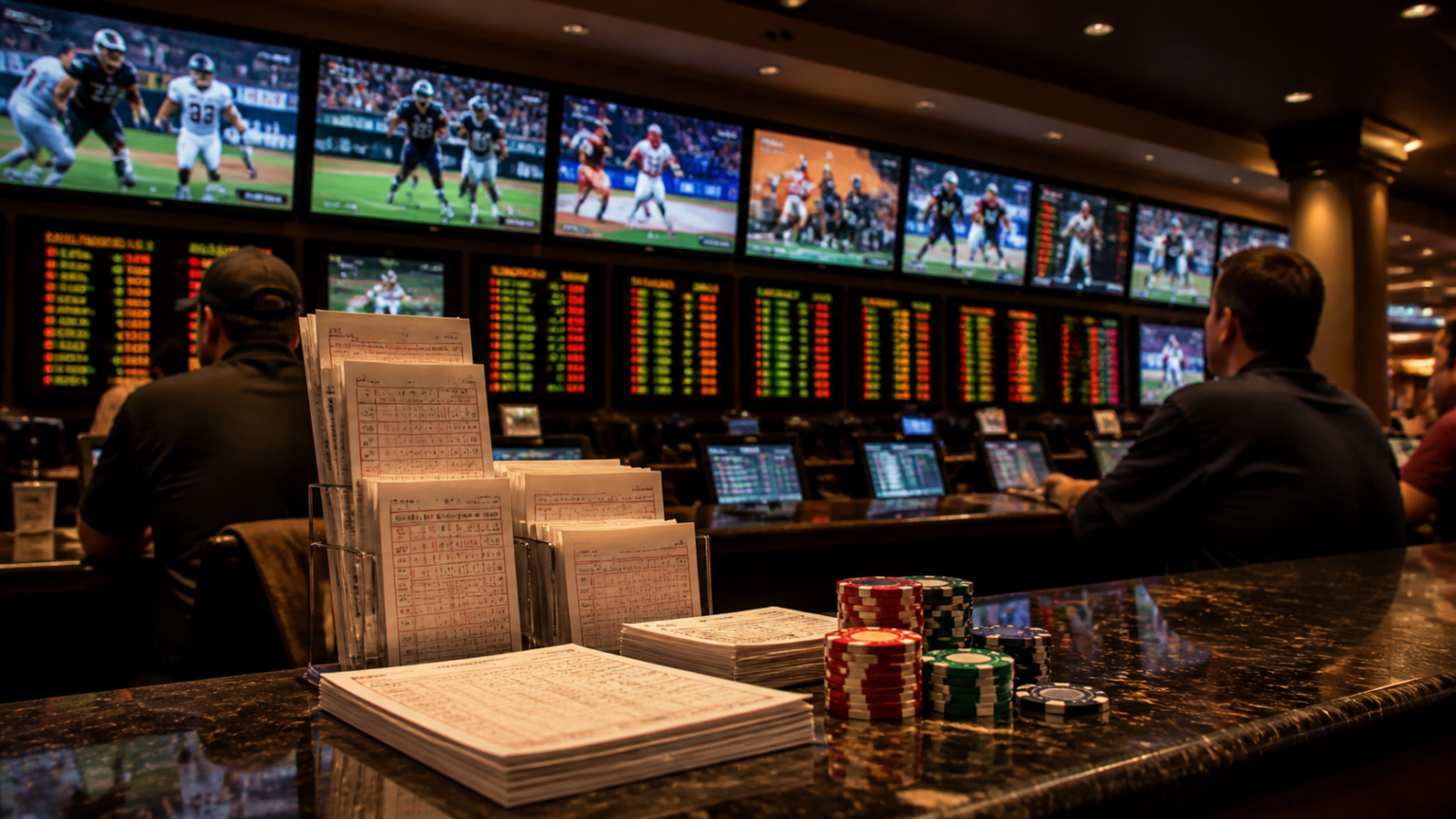 Sports betting site with odds screens and betting slips in a casino-related setting