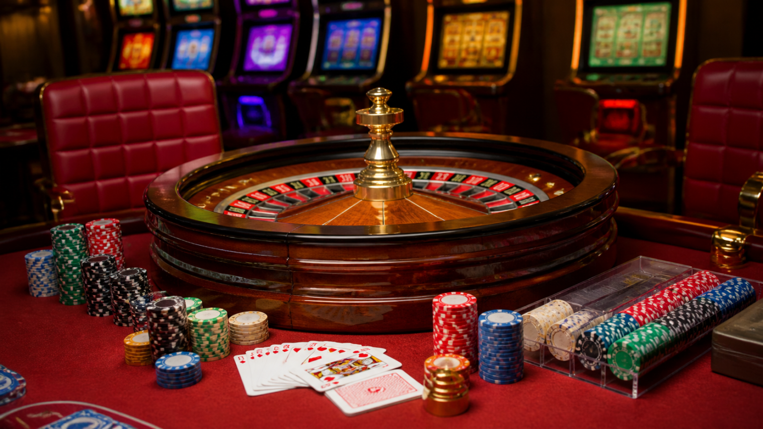Casino roulette table with cards and slot machine elements